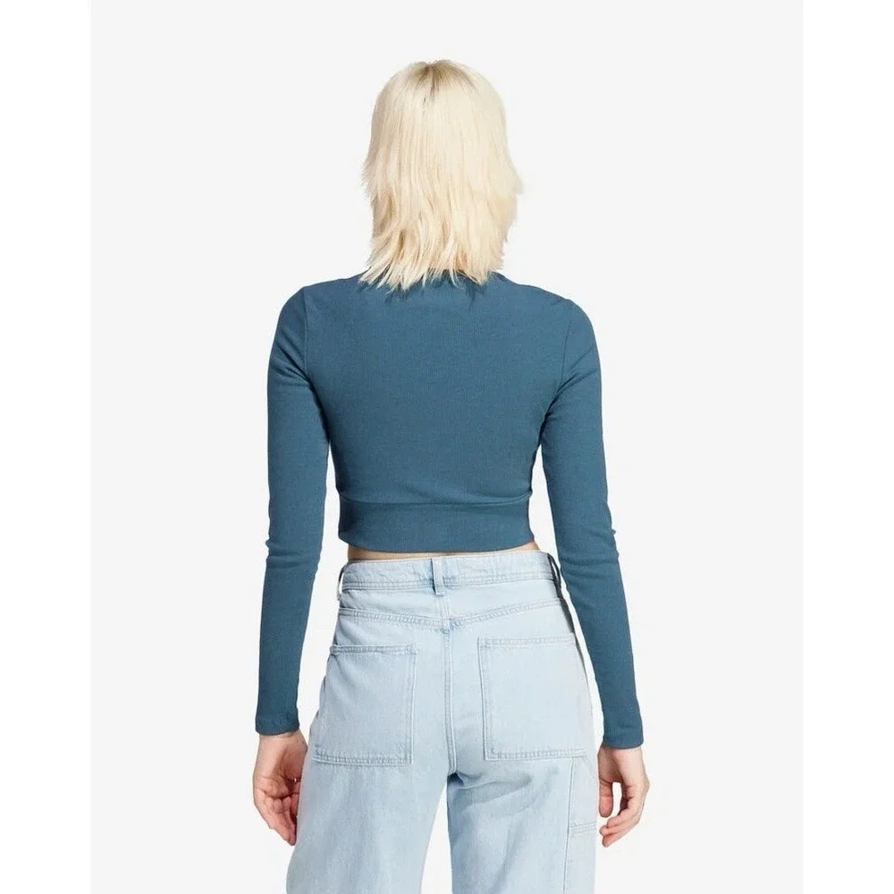Adidas Ribbed Long Sleeve T-Shirt Teal Green Cropped Athleisure Sporty Casual - Picture 3 of 11